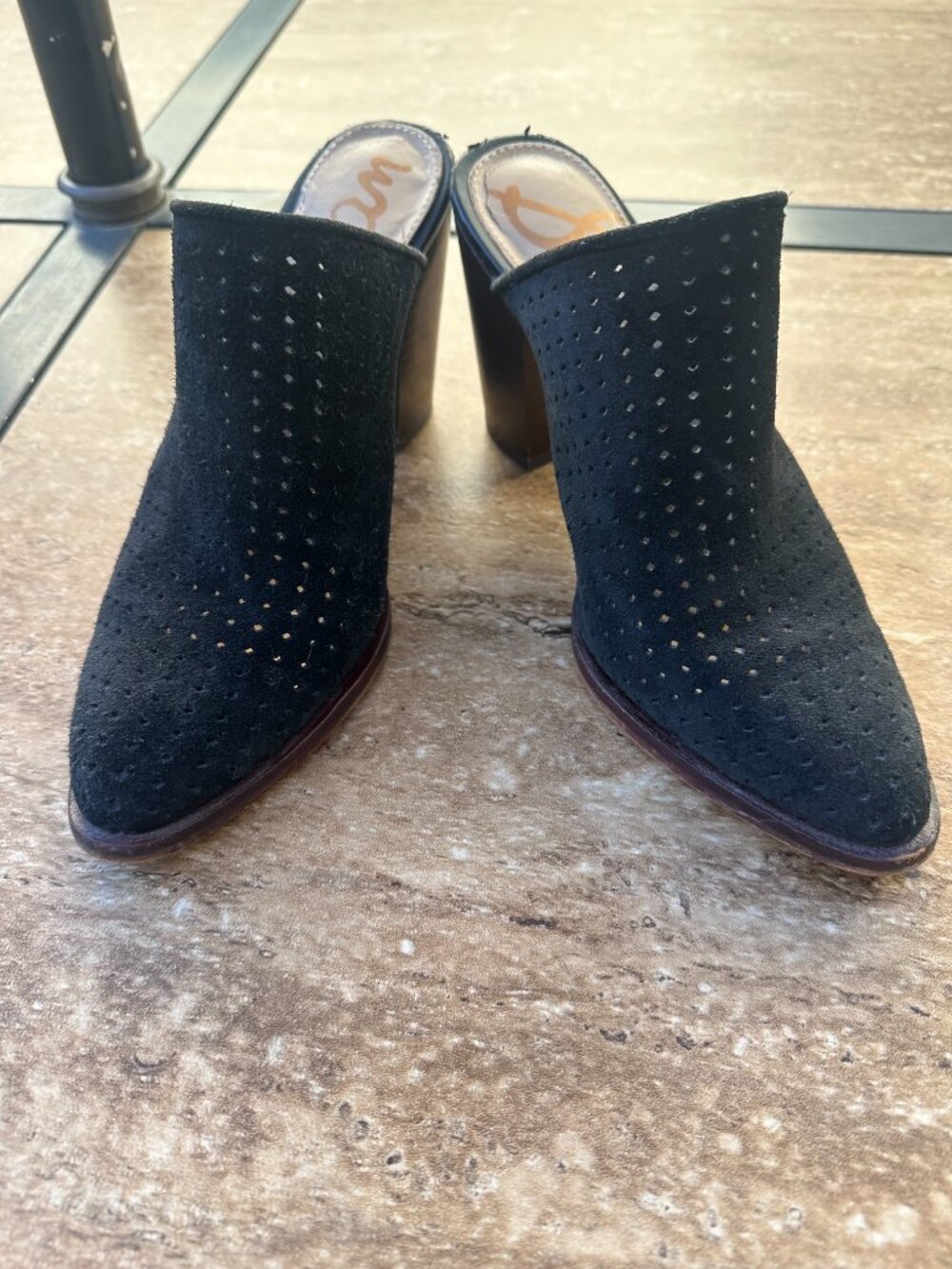 Sam Edelman Bates Black Perforated Suede Pointed Toe Mule Heels - Size 6